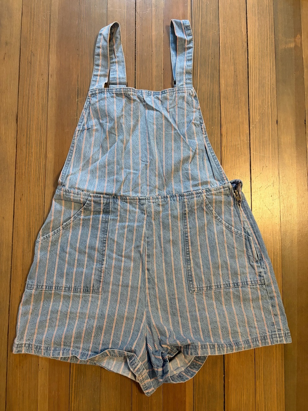 Striped Denim Short Overalls with White & red Stripes